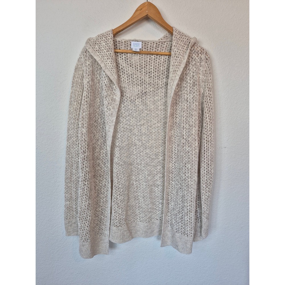 Sigrid Olsen Beige Linen Blend Open Knit Hooded Cardigan Sweater Size Large